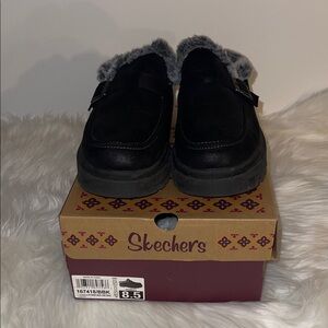 Skechers Black Slip-On Shoes with Gray Fur